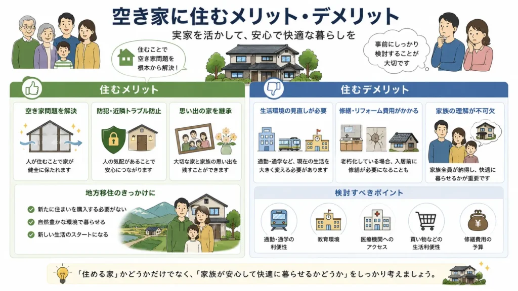 空き家に住むメリットとデメリットを比較した図。建物の劣化防止や防犯対策、実家を残せるメリットと、生活環境の変化や修繕費、家族の理解が必要になるデメリットを分かりやすく解説している。