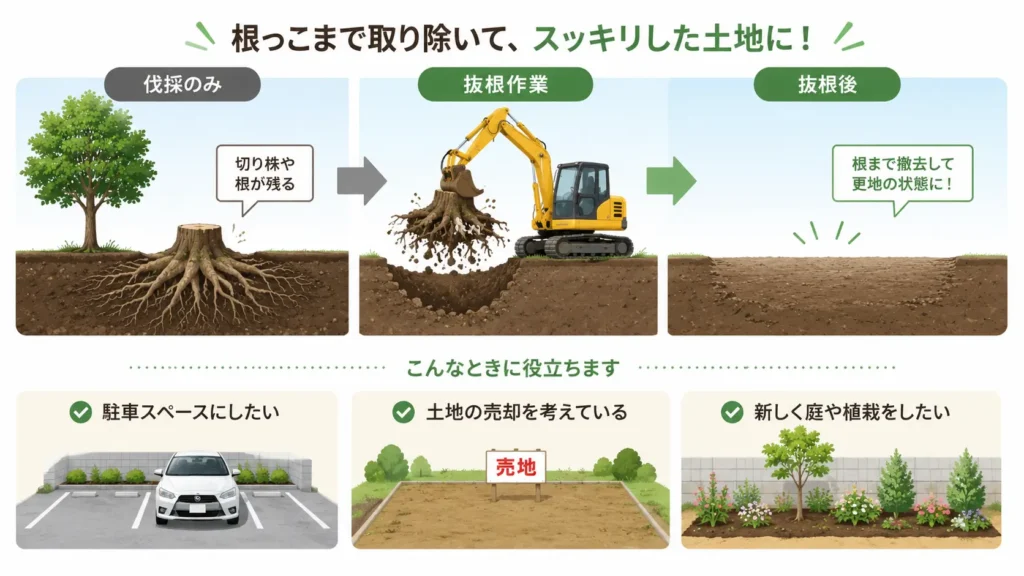 伐採後に切り株と根を掘り起こして撤去する抜根作業の流れと、駐車場・売却・植栽に活用できる状態を示したイラスト