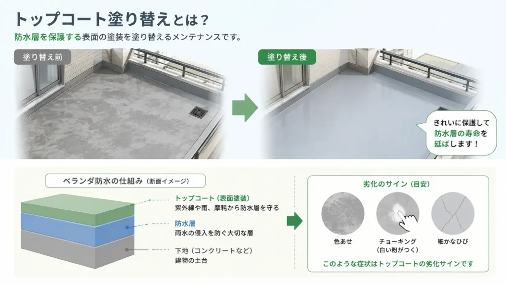 ベランダ防水のトップコート塗り替え前後と防水層を保護する役割を示した図解