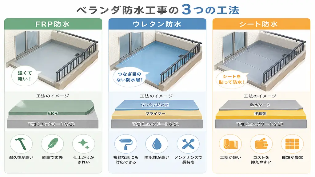 ベランダ防水工事で使われるFRP防水・ウレタン防水・シート防水の違いを解説した比較図