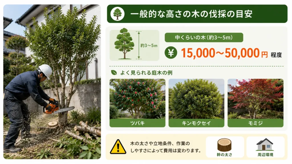 中木（3〜5m程度）の伐採費用の目安として、1本あたり15,000〜50,000円程度の相場と、一般家庭でよく見られる中木の伐採作業や代表的な庭木の例を写真風で紹介した画像