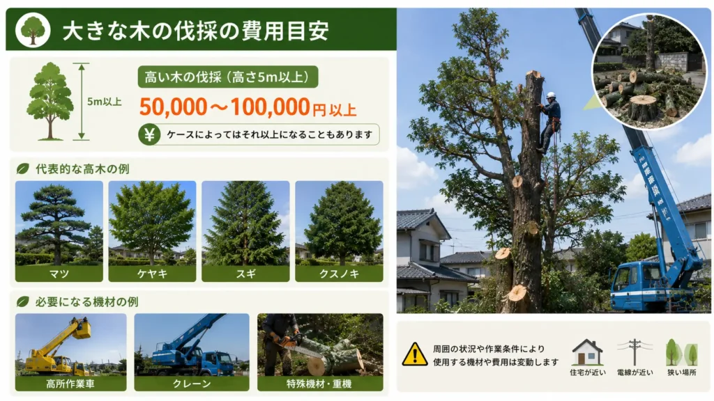 高木（高さ5m以上）の伐採費用相場と、高所作業車・クレーンなど特殊機材を使う伐採作業や代表的な高木をまとめた写真風ガイド