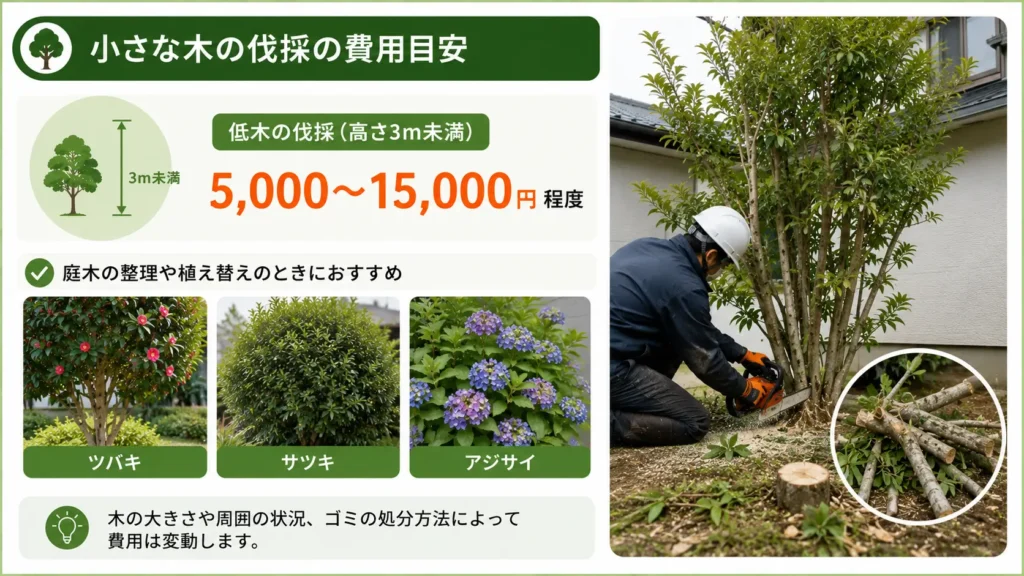 低木（高さ3m未満）の伐採費用相場と、庭木の伐採作業のイメージ、代表的な庭木の例をまとめた写真風ガイド