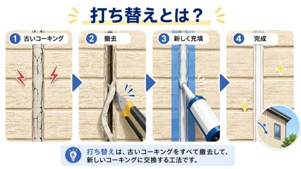 コーキングの打ち替え工事を4ステップで解説した図解。劣化した古いコーキングを撤去し、新しいコーキングを充填して防水性を回復する流れを示している。