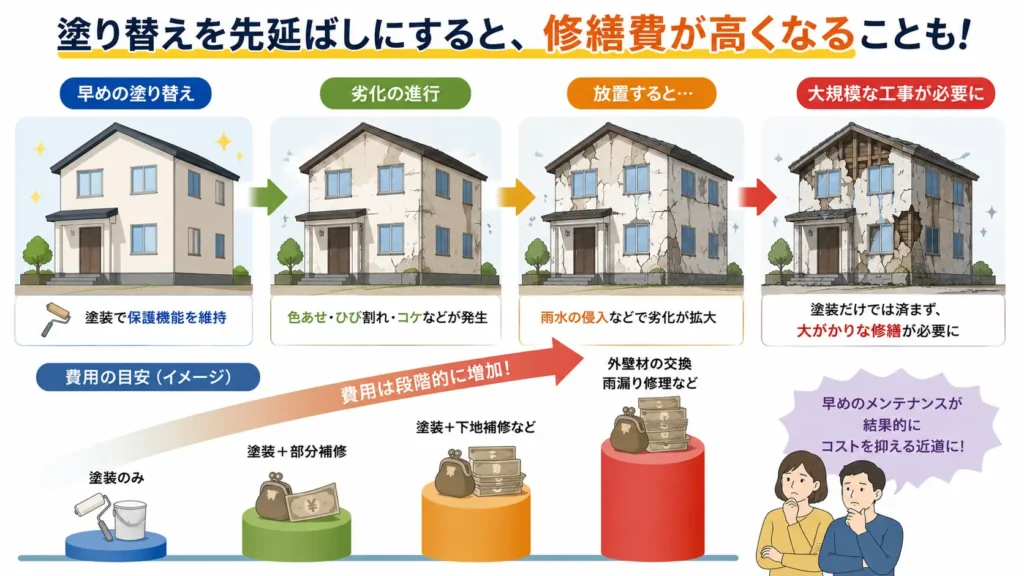 外壁塗装を先延ばしにした場合の修繕費の増加を解説した図。劣化の進行に伴い、外壁材の交換や雨漏り修理、下地補修工事などが必要となり、修繕費が高くなる流れを示している。