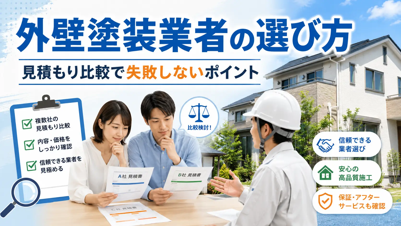 外壁塗装業者の選び方と見積もり比較で失敗しないポイントを解説するアイキャッチ画像