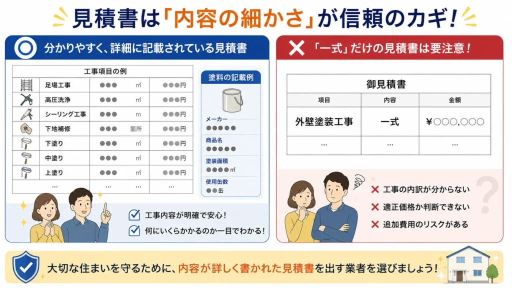 外壁塗装の見積書を比較した図。工事内容や塗料メーカー、商品名、塗装面積、使用缶数まで詳しく記載された見積書と、「外壁塗装工事一式」のみ記載された見積書の違いを分かりやすく示している。