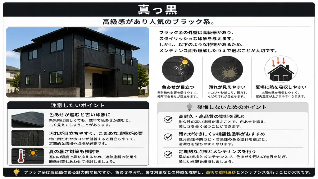 外壁塗装で真っ黒を選ぶ際の注意点を解説したイラスト