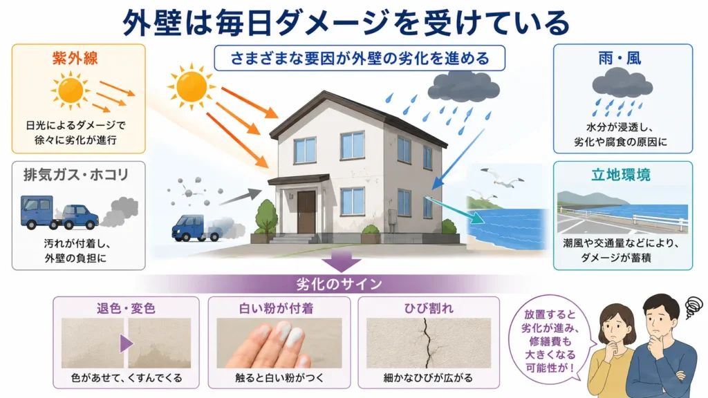 外壁が紫外線や雨風、排気ガス、海沿いなどの環境によって劣化する仕組みを解説した図。色あせ、チョーキング現象、ひび割れなどの代表的な劣化サインも示している。
