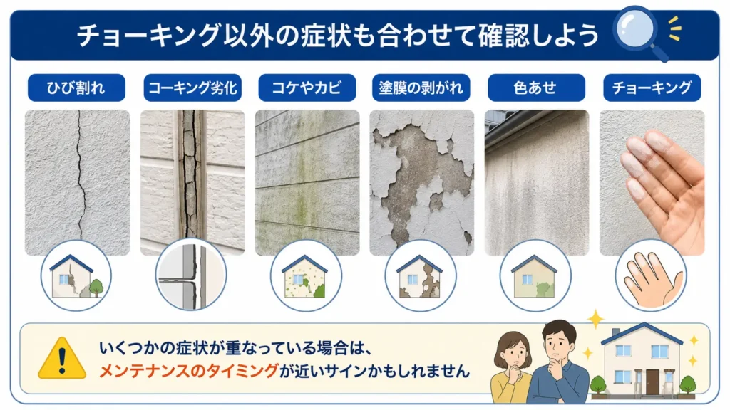 外壁の劣化症状をまとめて確認できるチェックリスト図。ひび割れ、コーキング劣化、コケやカビ、塗膜の剥がれ、色あせ、チョーキング現象など、塗り替え時期を判断する代表的なサインを示している。
