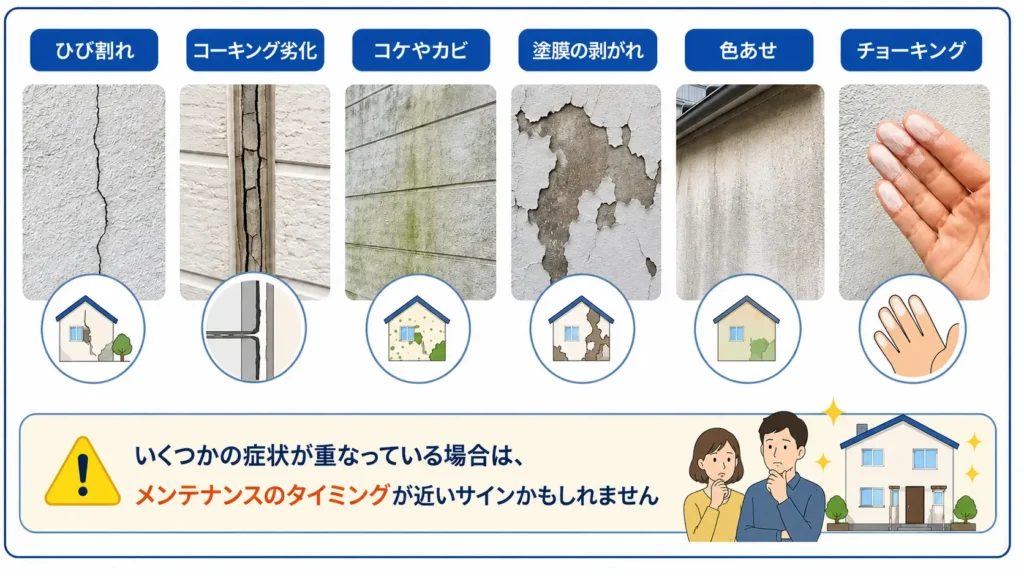 外壁塗装前に確認したい劣化症状のチェックリスト図。ひび割れ、コーキング劣化、コケやカビ、塗膜の剥がれ、色あせ、チョーキング現象など、塗り替え時期を判断する代表的な症状を一覧で示している。