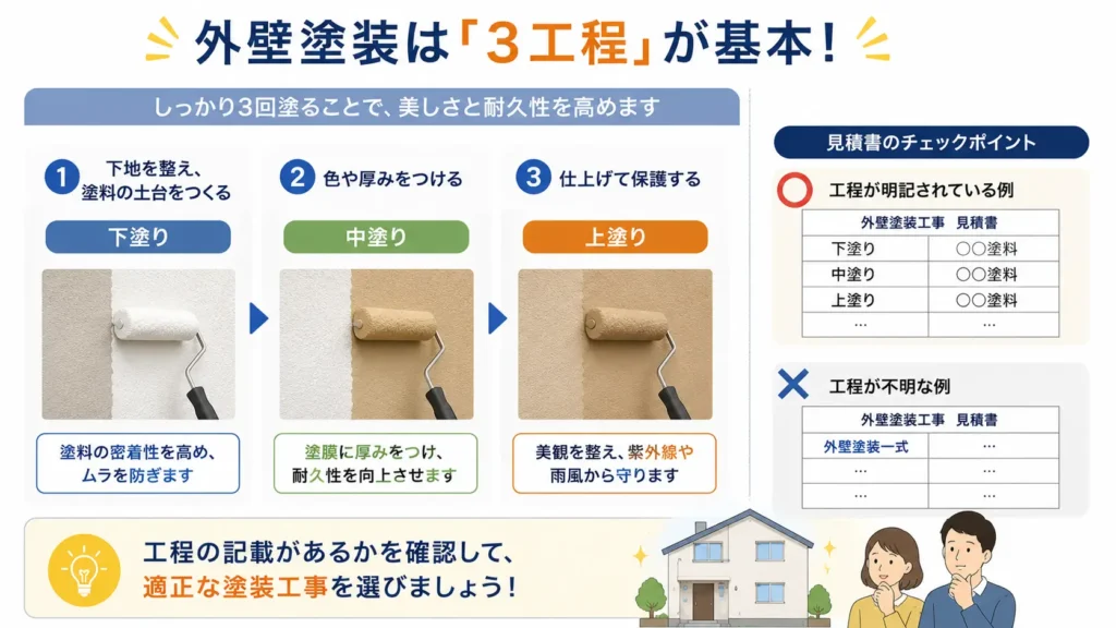 外壁塗装の3回塗りを解説した図。下塗り・中塗り・上塗りの役割と、見積書に各工程が記載されているか確認する重要性を示している。