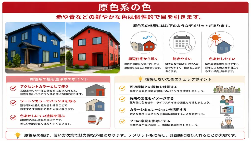 外壁塗装で原色系カラーを選ぶ際の注意点を解説したイラスト
