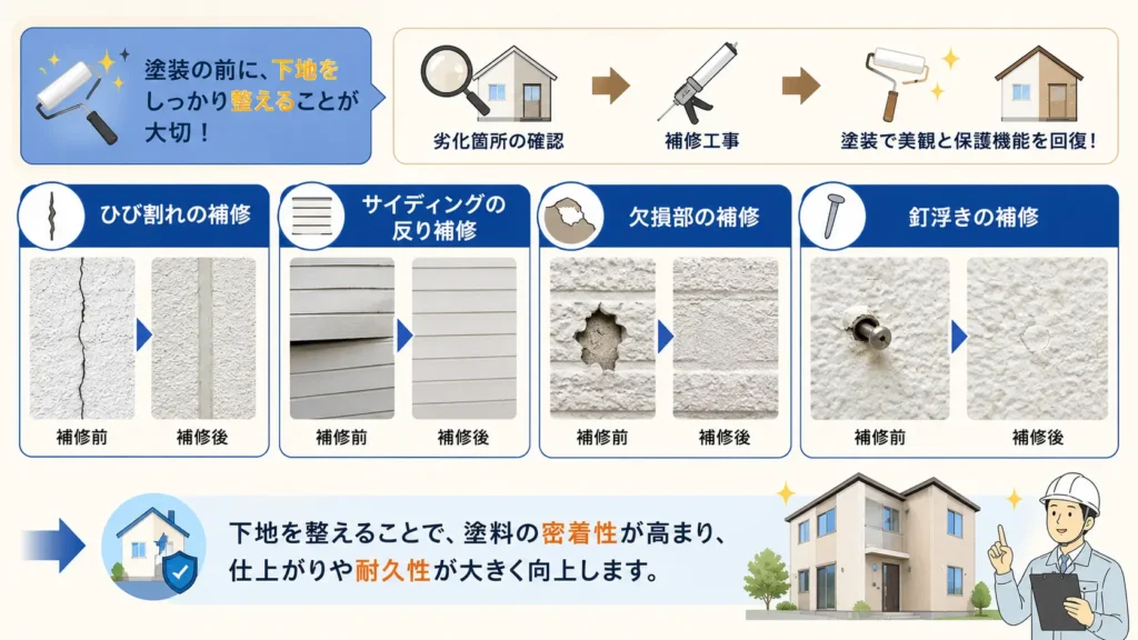 外壁塗装前に行う下地補修工事を解説した図。ひび割れ補修、サイディングの反り補修、欠損部補修、釘浮き補修などの代表的な補修内容と、補修後に塗装する流れを示している。