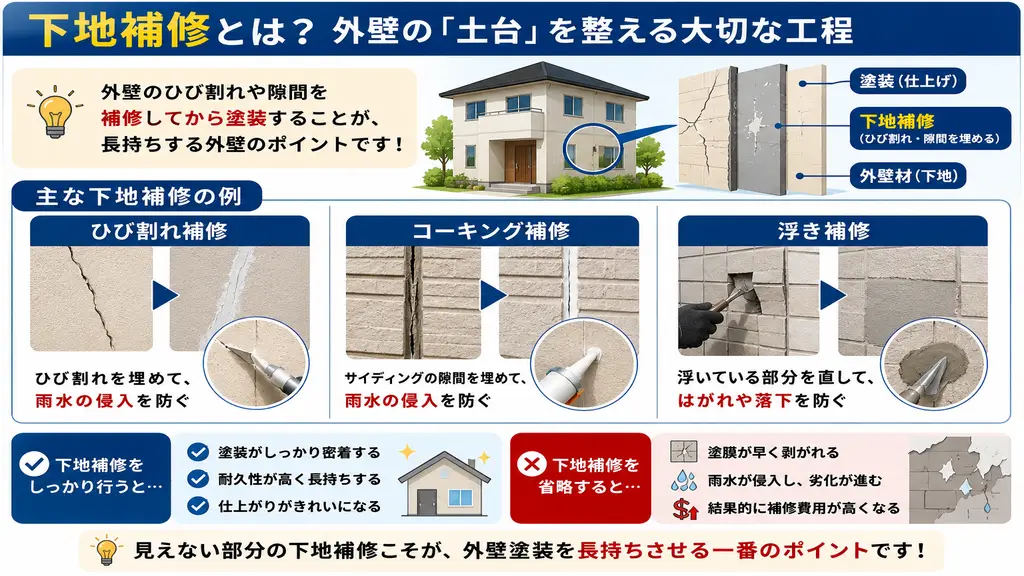 外壁塗装の下地補修とは?ひび割れ補修・コーキング補修・浮き補修の役割を解説したイラスト