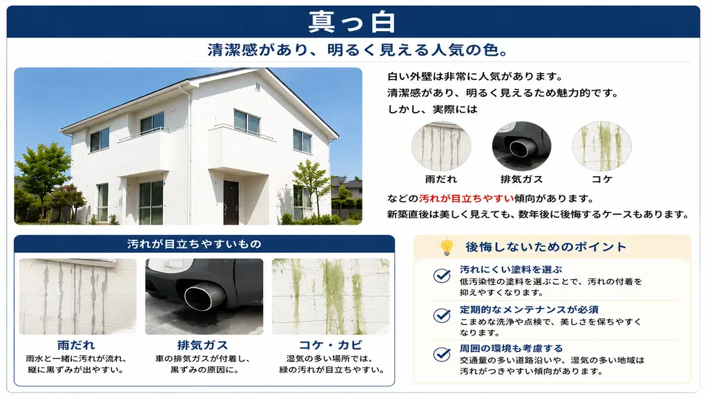 外壁塗装で真っ白を選ぶ際の注意点を解説したイラスト