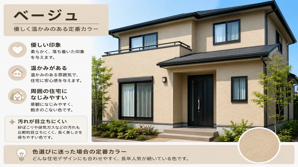 ベージュ色の外壁塗装を採用した住宅のイメージ。優しい印象と温かみがあり、汚れが目立ちにくい人気カラー。