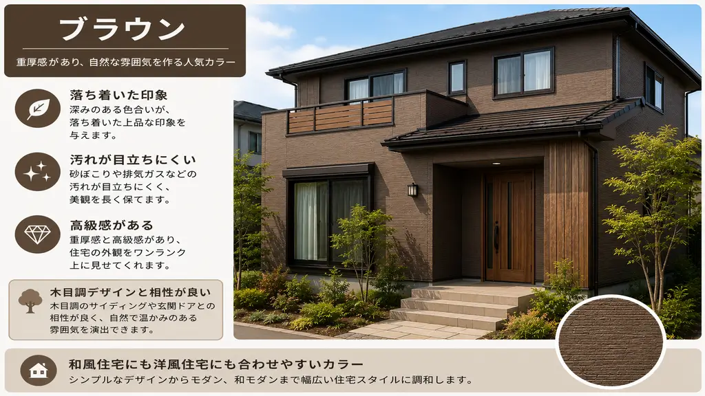 ブラウン色の外壁塗装を採用した住宅のイメージ。重厚感があり、木目調デザインとも相性の良い人気カラー。