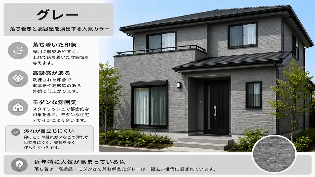 グレー色の外壁塗装を採用した住宅のイメージ。落ち着いた印象と高級感があり、モダンな住宅に人気のカラー。