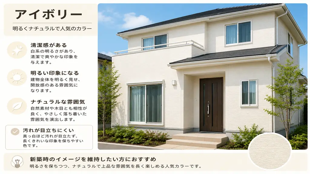 アイボリー色の外壁塗装を採用した住宅のイメージ。清潔感があり、明るくナチュラルな雰囲気が特徴の人気カラー。