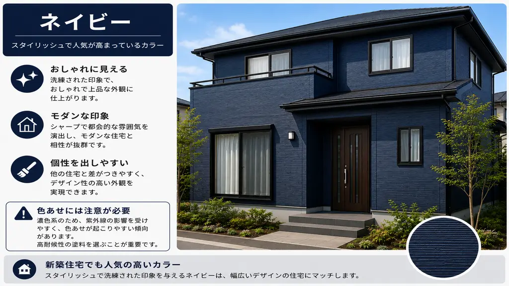 ネイビー色の外壁塗装を採用した住宅のイメージ。おしゃれでモダンな印象を与え、近年人気が高まっているカラー。