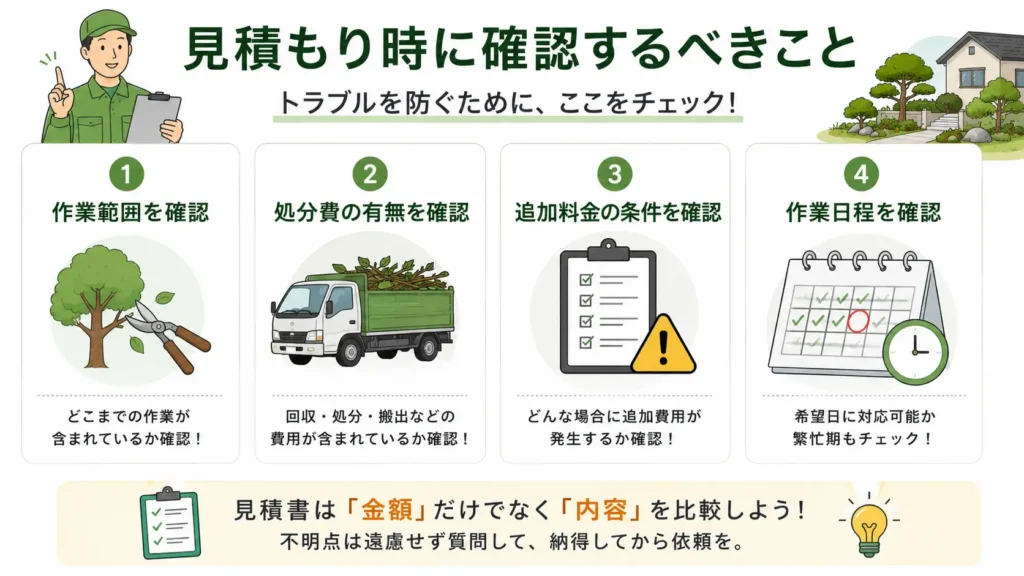 植木屋の見積もり時に確認したいポイントをまとめたチェックリスト形式の図。作業範囲、処分費の有無、追加料金の条件、作業日程の4項目をイラスト付きで分かりやすく紹介している。