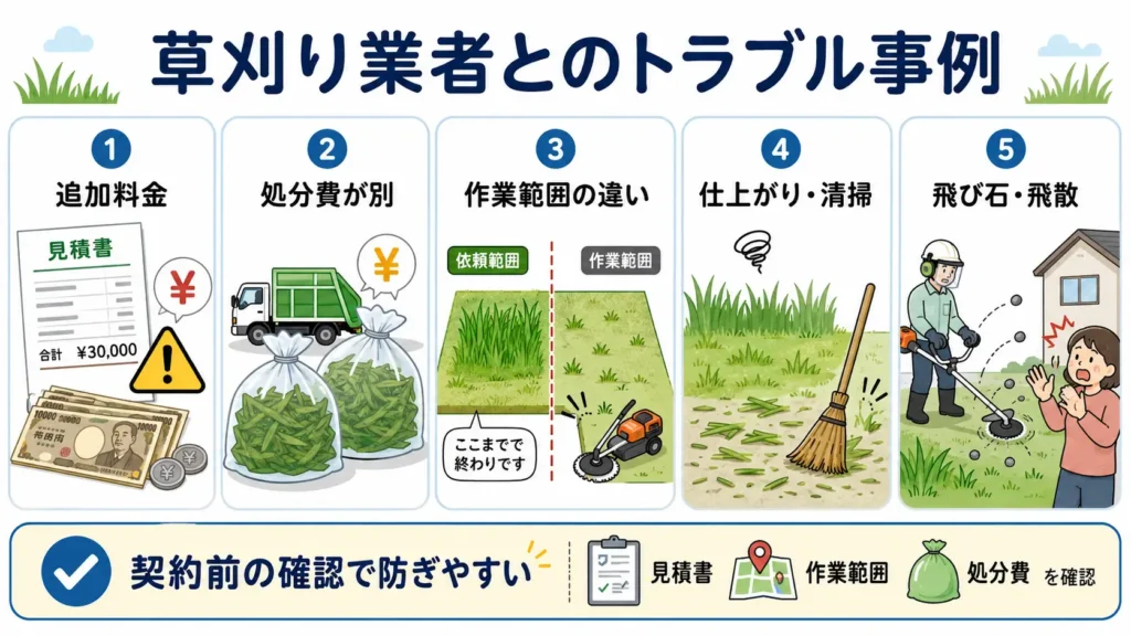 草刈り業者とのよくあるトラブル事例をまとめた図。追加料金、処分費の別請求、作業範囲の認識違い、仕上がりや清掃への不満、飛び石や草の飛散による近隣トラブルなど、契約前に確認したいポイントを分かりやすく示している。