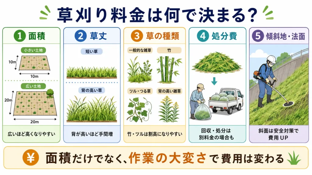 草刈り料金が何で決まるのかを解説した図。面積、草丈、草の種類、処分費、傾斜地や法面など、見積もり金額に影響する主な要素を分かりやすく示している。
