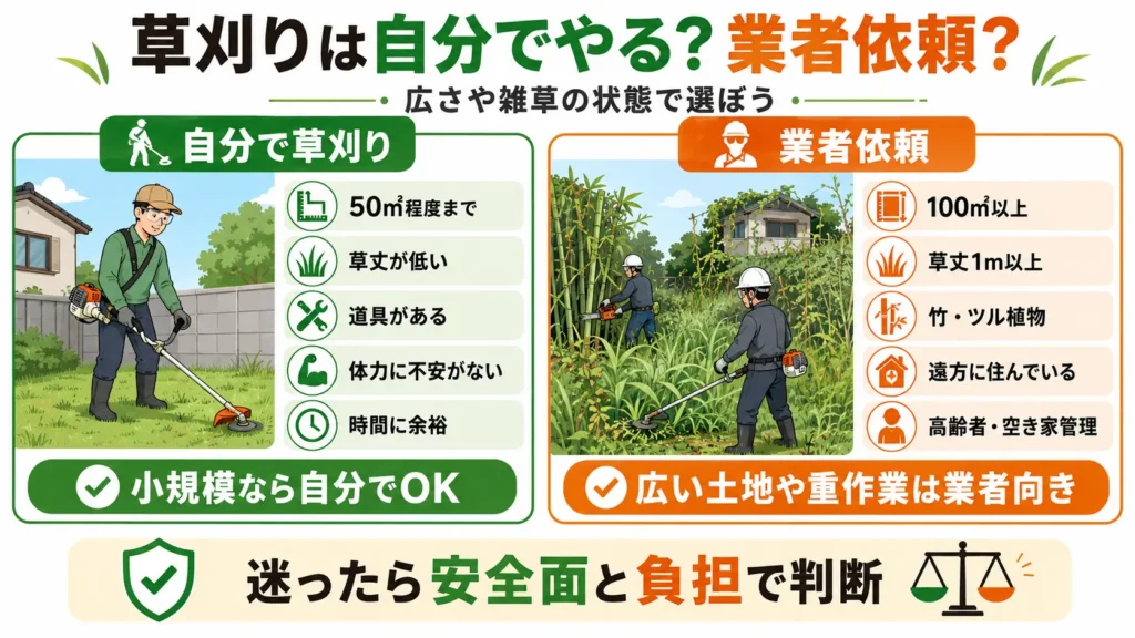 草刈りを自分でやる場合と業者へ依頼する場合の違いを比較した図。50㎡程度までの小規模な土地なら自分で対応しやすく、100㎡以上や草丈1m以上、竹やツル植物が多い土地、遠方の空き地などは業者依頼が向いていることを分かりやすく示している。
