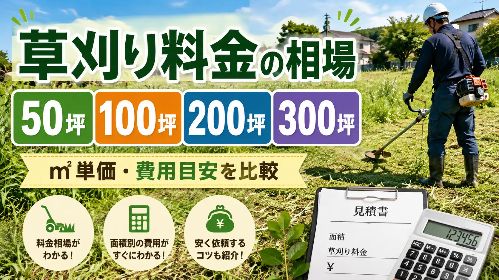 草刈り料金の相場と50坪・100坪・200坪・300坪の費用目安を解説するアイキャッチ画像