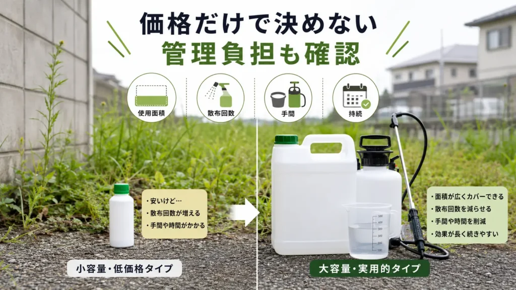 除草剤を価格だけでなく使用面積や散布回数で比較するポイントを示した画像