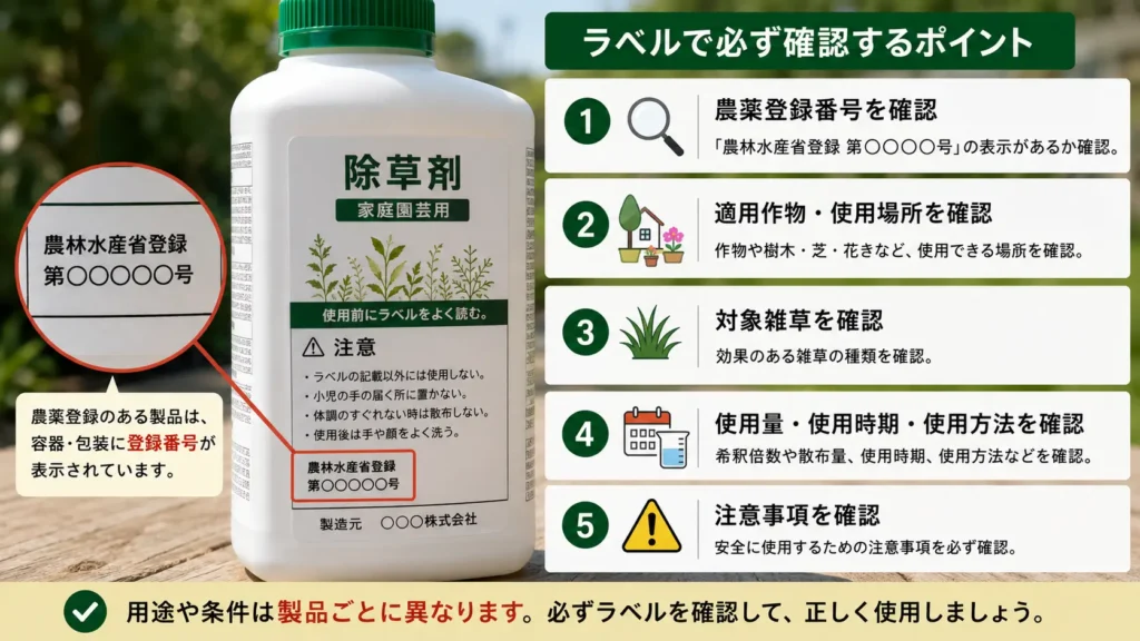 除草剤の農林水産省登録番号や使用場所、使用上の注意を確認するポイント
