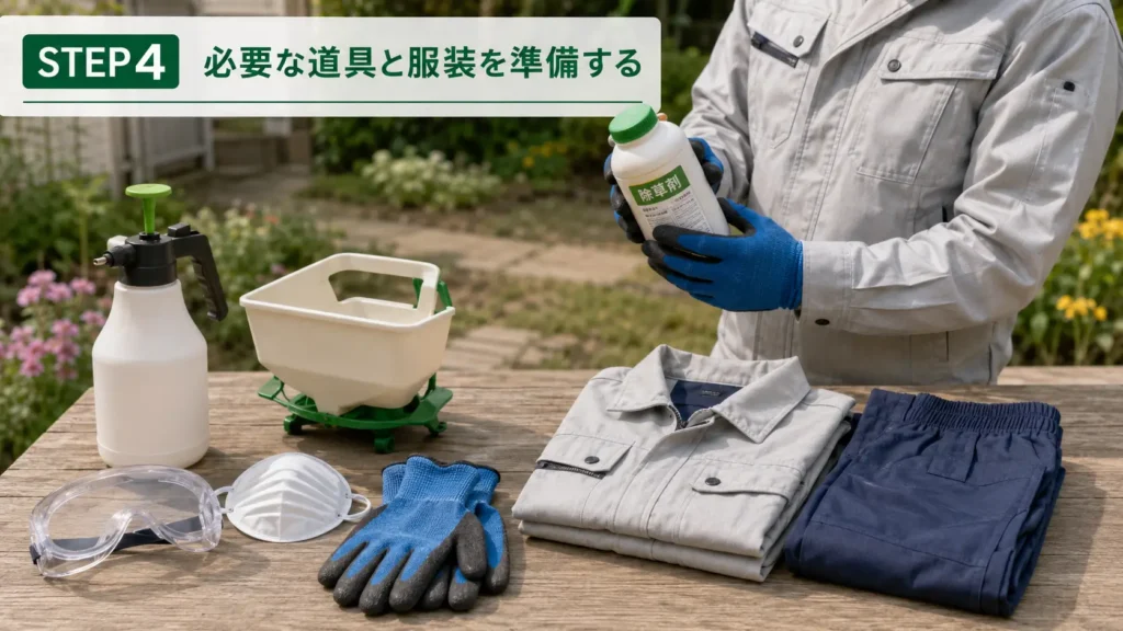 除草剤散布前に手袋や保護具などを準備する様子
