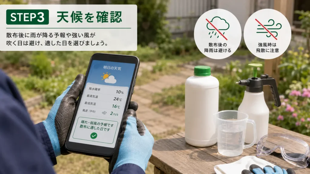 除草剤散布前に天候や風を確認している様子