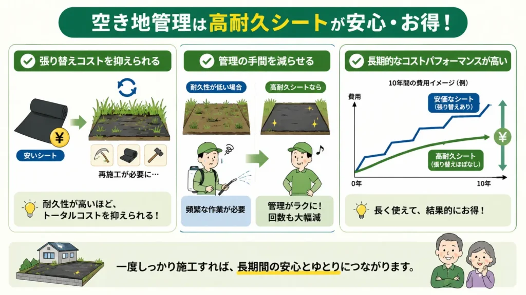 空き地管理では高耐久タイプの防草シートがおすすめな理由を解説した図。張り替えコストの削減、管理の手間を減らせること、長期的なコストパフォーマンスの高さをイラスト付きで分かりやすく紹介している。