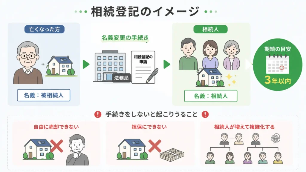 相続登記の流れを図解したイラスト。亡くなった方名義の不動産を相続人名義へ変更する手続きと、相続登記を行わない場合のリスクを分かりやすく紹介。