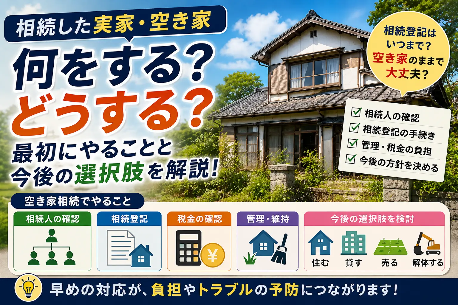 相続した空き家で確認する相続人・相続登記・税金・管理と、住む・貸す・売る・解体する選択肢を示した画像