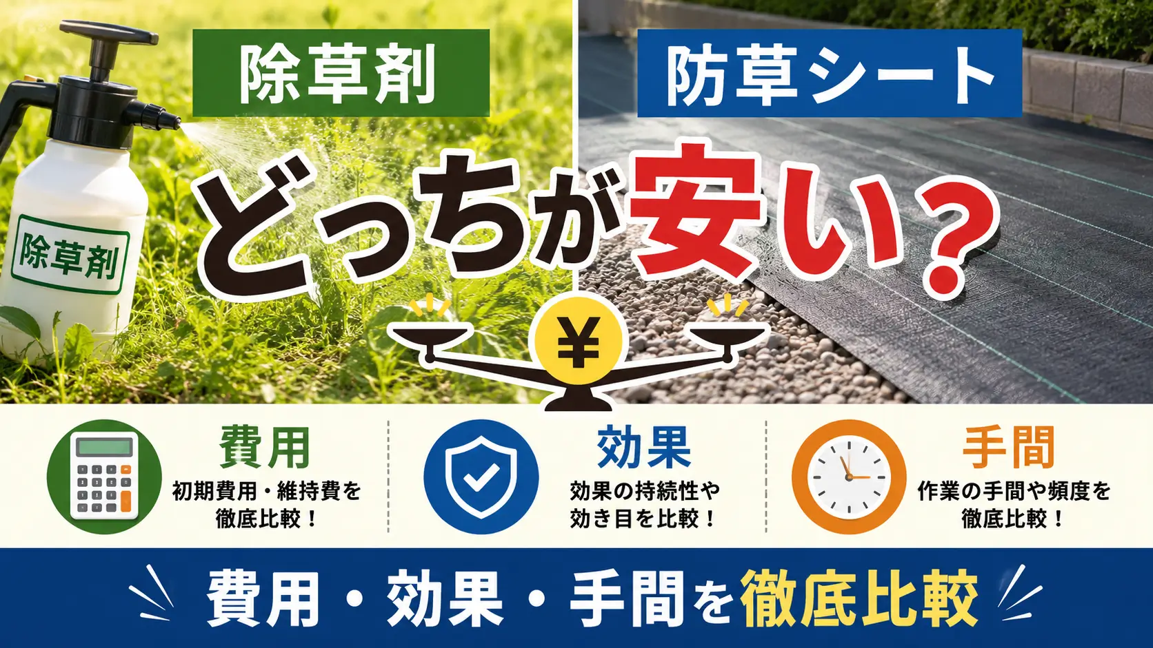 除草剤と防草シートの費用や効果を比較するイメージ
