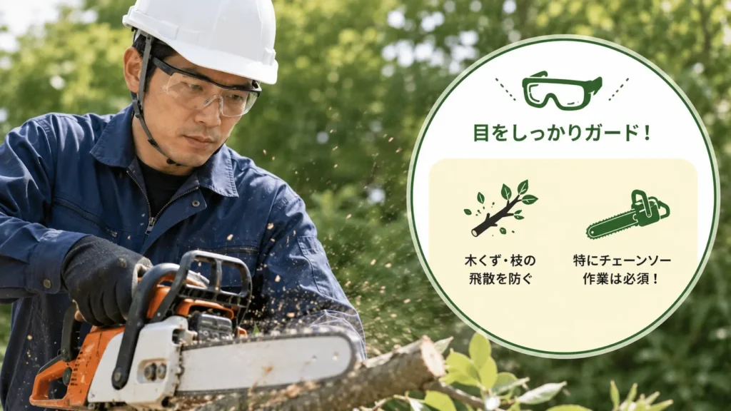保護メガネを着用してチェーンソーで庭木を伐採する様子。木くずや枝の飛散から目を守る安全装備をイメージした写真風画像