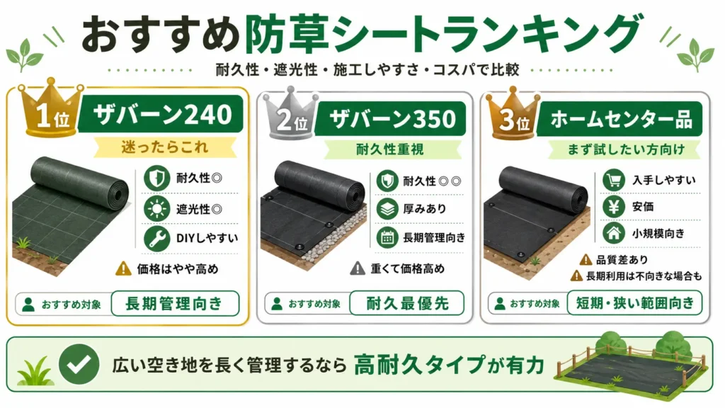 おすすめの防草シートをランキング形式で比較した図。耐久性・遮光性・施工しやすさ・コストパフォーマンスを基準に、高耐久タイプとホームセンター品の特徴やおすすめ用途を分かりやすく紹介している。