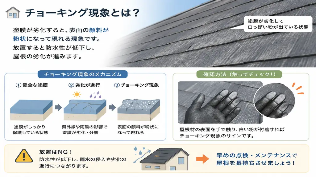 屋根のチョーキング現象を解説した図。塗膜の劣化によって白い粉が発生する仕組みと確認方法を紹介