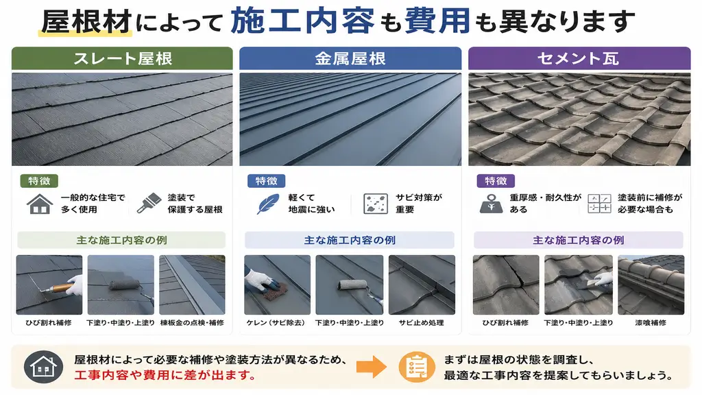 スレート屋根・金属屋根・セメント瓦の特徴と施工内容の違いを比較したイラスト