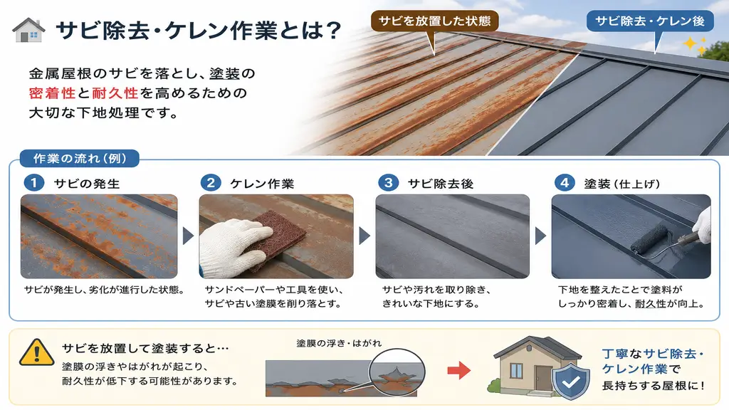 金属屋根のサビ除去とケレン作業のイメージ。サビを落として塗装の密着性と耐久性を高める工程を解説した図