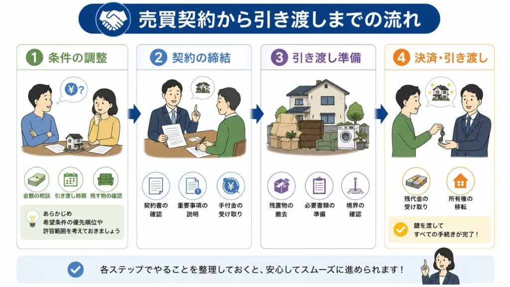 不動産売却の売買契約から引き渡しまでの流れを解説した図。条件調整、売買契約の締結、引き渡し準備、決済・所有権移転・鍵の引き渡しまでの手順を時系列で分かりやすく示している。