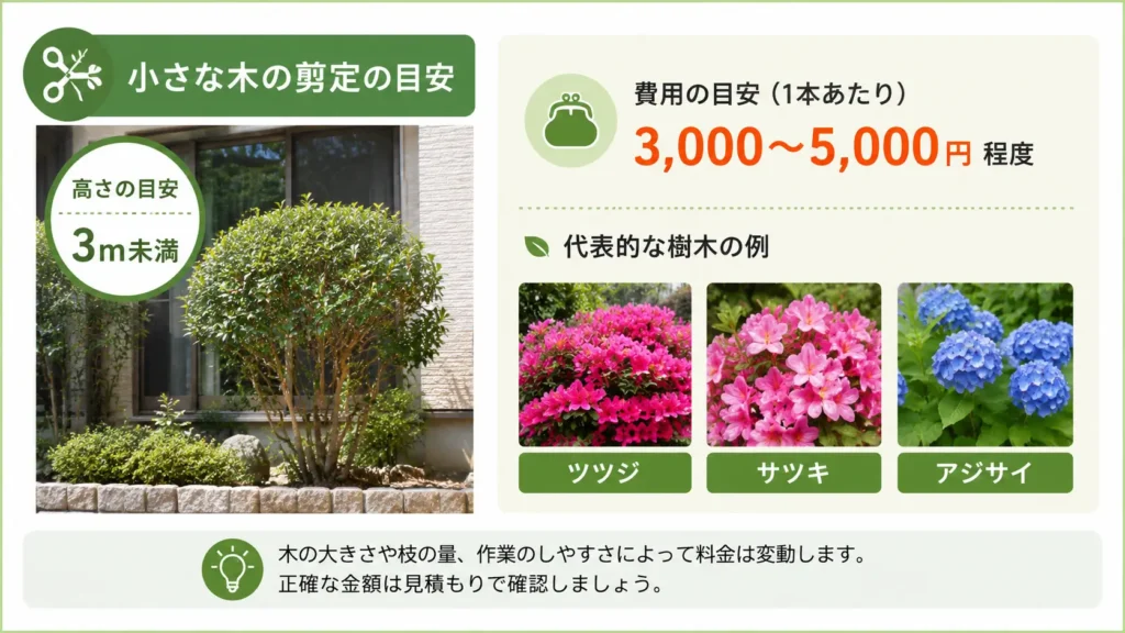 低木（高さ3m未満）の剪定費用相場と、ツツジ・サツキ・アジサイなど一般家庭でよく植えられる庭木を写真で紹介したガイド画像