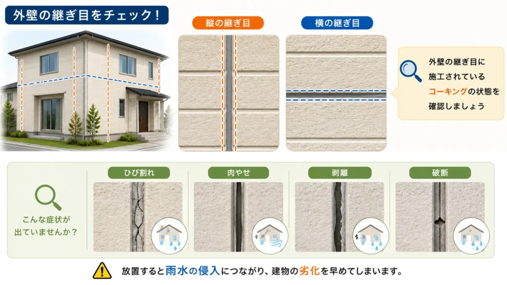 サイディング外壁の継ぎ目に施工されたコーキングの劣化症状を解説した図。縦目地・横目地の位置と、ひび割れ・肉やせ・剥離・破断の確認ポイントを示している