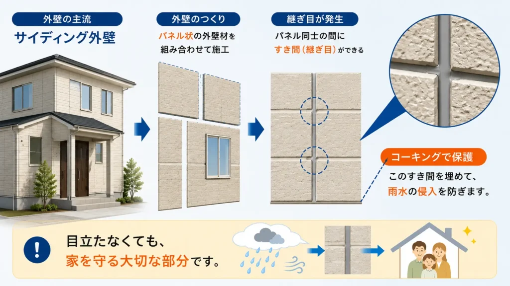 サイディング外壁の継ぎ目とコーキングの役割を解説した図。外壁パネルのすき間をコーキングで埋めて雨水の侵入を防ぐ仕組みを示している。