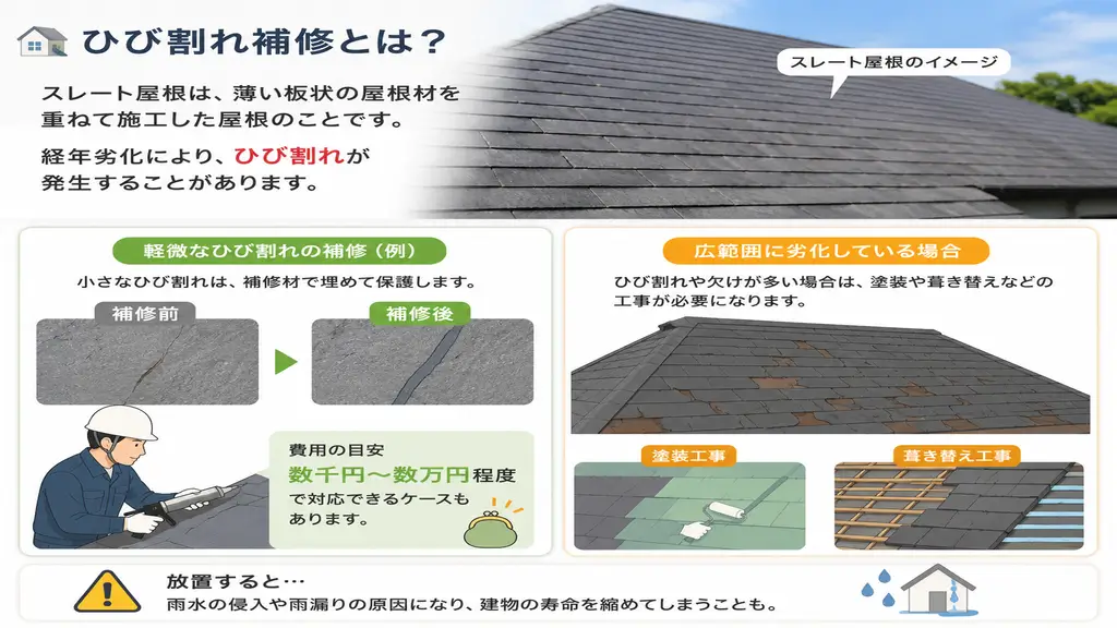 スレート屋根のひび割れ補修と劣化状況の違いを解説した図