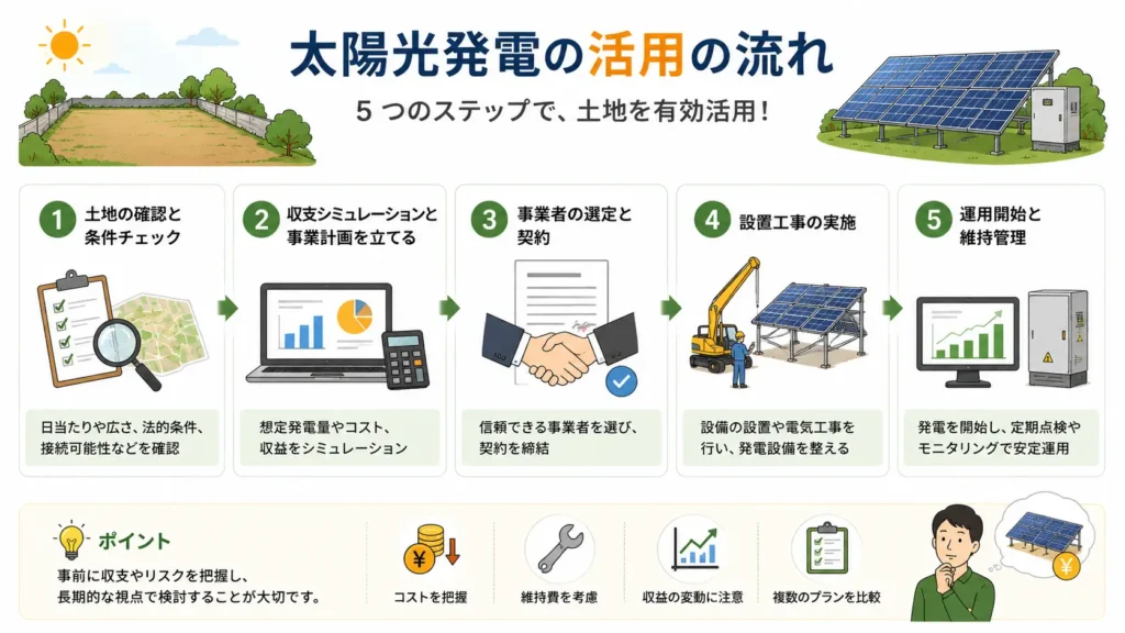 空き地を太陽光発電として活用する流れを5つのステップで解説した図。土地条件の確認、収支シミュレーション、事業者選定、設備設置、運用開始までの一般的な流れを分かりやすく紹介している。