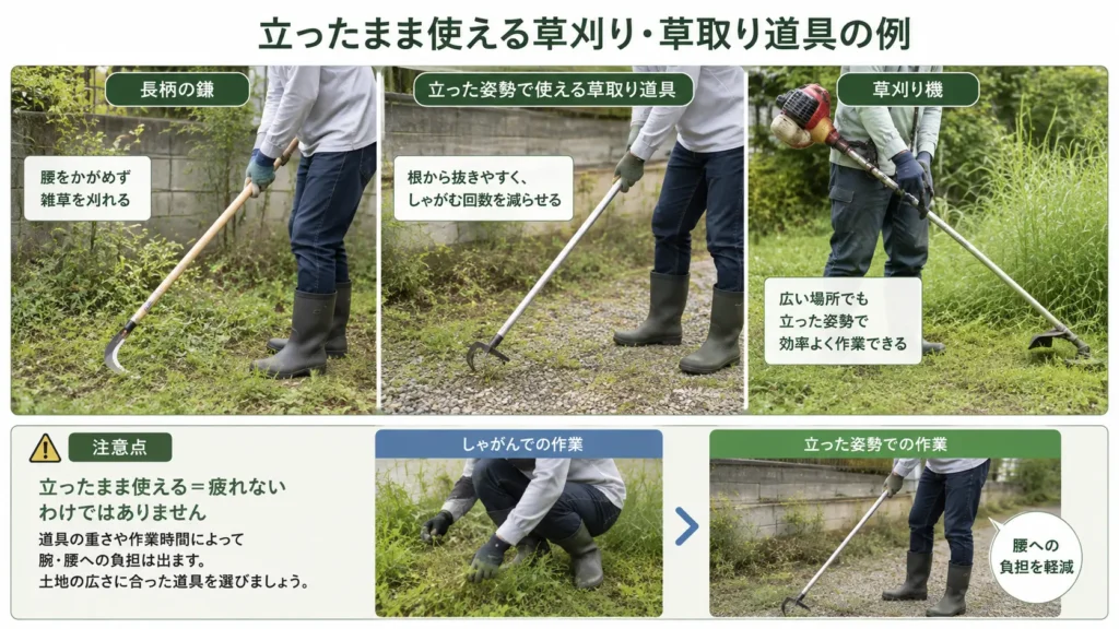 立ったまま使える草取り道具や草刈り機の特徴を紹介した比較ガイド画像